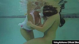 milf vicky vette and teal conrad lick each other's pussies by the pool, tits bouncing