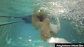 milf vicky vette and teal conrad lick each other's pussies by the pool, tits bouncing