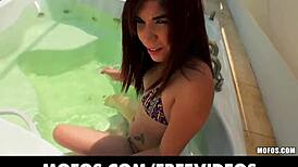 Does this sun bathing beauty really slide her bikini bottoms aside for a public pov fuck?