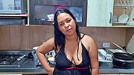 Horny stepmom squirts in kitchen, teasing stepson with wild orgasm! Want to join?