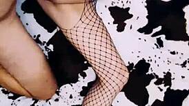 Wife in erotic fishnet bodysuit spreads legs so beautifully