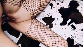 Wife in erotic fishnet bodysuit spreads legs so beautifully