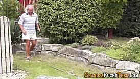 Teen hottie rides grandfather's cock with blowjob and facial