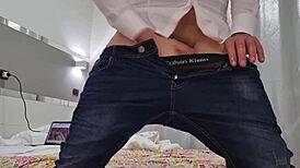 Hot Italian guy jerks huge cock, cums on male ass in jeans!