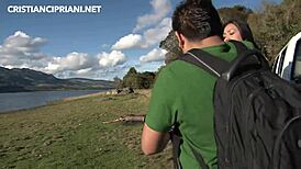 Forest Guide Bent Over Blonde Girlfriend Outdoors