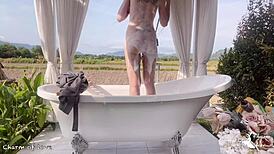 Asian student slut takes a bold bath in rice field, getting doggystyle creampie