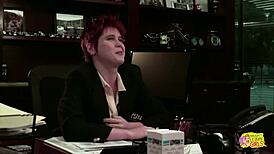 bossy redhead butch girl intimidates, seduces, and dominates her submissive brunette secretary