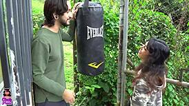 teen couldn’t resist after boxing, so she sucked neighbor’s huge cock hard.