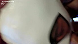 Milf in pantyhose heels gives submissive deepthroat blowjob with cum