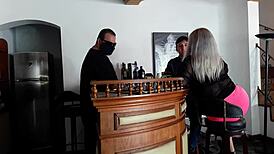 Married blonde fucking at the bar with bareback action