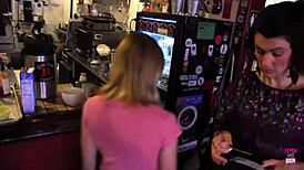 the brunette and blonde lesbians kiss while huge dildos fill their hairy pussies