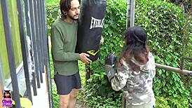 During boxing practice she hits neighbor and sucks his big cock