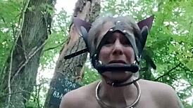 In the forest, the ponygirl slave experiences orgasm during doggystyle bdsm with bound tits and buttplug.
