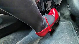 Redhead Pumps Pedals in Heels on Way to Office, Hidden Voyeur