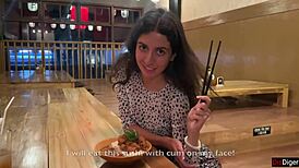 Girl Eats Sushi Rolls In Public Bar