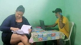 stepmother gets slammed by stepson in husband's office