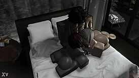 Blonde and redhead bent over for big black cock threesome.