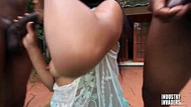 Ebony wife subtly deepthroats two workers outdoors while husband watches.