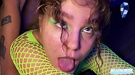 Beauty in night club dances before bent over doggystyle fucking and cumshot.