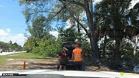 Thick blonde milf rides big cock roadside