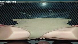 Emotional anal trailer with Candy in beige panties on desk.