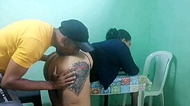 stepmother gets slammed by stepson in husband's office