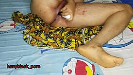 my housekeeper fucks herself with my big dildo on the bed