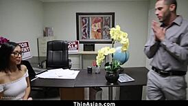 boss pulls out monster cock and roughly fucks petite asian's tight pussy