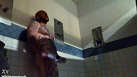 Prison inmate masturbates solo with wet cumshot on big white tattooed cock