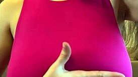 Feeling the intense pleasure as stepmother indulges in her big milky tits on webcam.