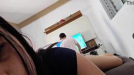 Petite housewife rides technician bareback