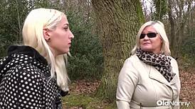 big tit mature milf relaxes as blonde lesbian licks her shaved pussy in curvy cunilingus session