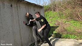 Slutty suspect Sladyen Skaya takes a double penetration pounding with anal and cum in mouth at the police station.