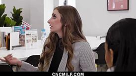 Slave milf gets cowgirl blowjob at freeuse office.