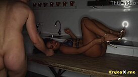 brunette selva rides for cum on face in kitchen 😍