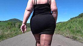 mature bbw in nylon pantyhose and high heels walks public road for foot fetish