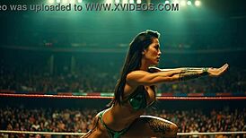 Amazon wrestler flexes muscles, showcasing her muscular physique!