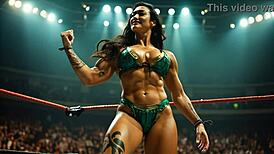 Amazon wrestler flexes muscles, showcasing her muscular physique!
