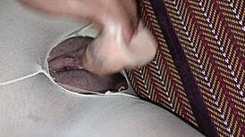 Using fake dick to penetrate college girl's tight pussy through pantyhose