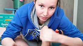 Brunette babe in hoodie gives an amazing blowjob