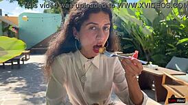 Friend Cums On My Face In Public Cafe For Food With Sperm During Cumwalk And Flashing Skirt