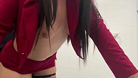 crazy standing sex in office bathroom with busty woman ends in creampie