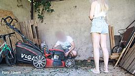 Blonde Babe Cheats On Husband With Gardener Fucking Her Wet Pussy Outdoors In Garden While He Fixes Mower