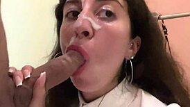 Friend Cums On My Face In Public Cafe For Food With Sperm During Cumwalk And Flashing Skirt