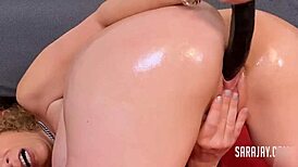 Twerking cougar sara jay oils her ass up, showing wet big pussy in lingerie while teasing with blonde sexy vibes. She gets oiled and ready for more.