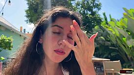 Friend Cums On My Face In Public Cafe For Food With Sperm During Cumwalk And Flashing Skirt