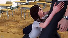 Brunette student receives oral instruction from teacher in classroom