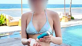 Beautiful Asian Teacher in Blue Bikini Shows Legs at College