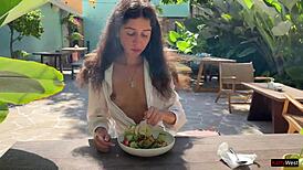 Friend Cums On My Face In Public Cafe For Food With Sperm During Cumwalk And Flashing Skirt