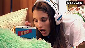 gamer teen stella flex takes that cock deep in her pussy with riding and moaning everywhere